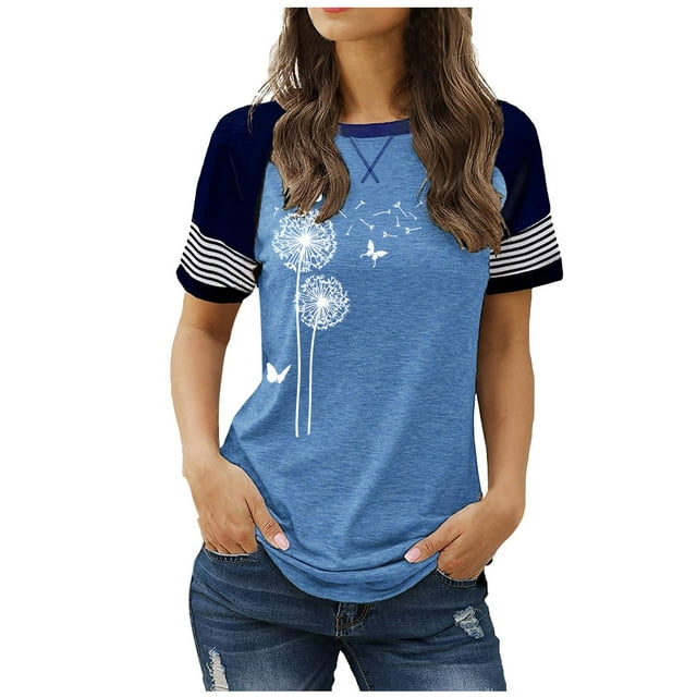 T-shirts Femmes Dames Mode Décontractée Imprimé Col Rond Manches Courtes Chandail T-Shirts Femmes Bleu Clair m