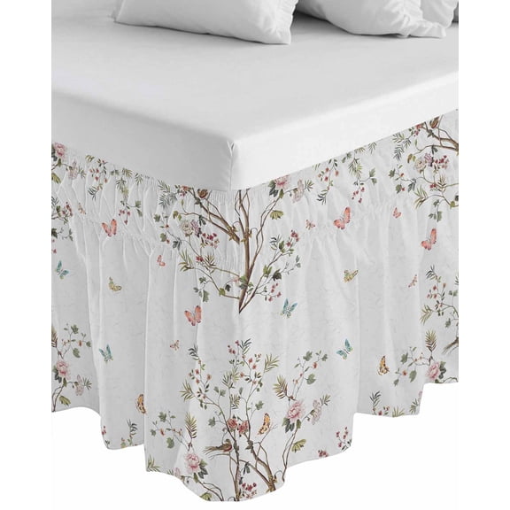 Vintage Botanical Wrap Around Bed Skirts for Queen Bed 18" Drop,Bed Skirt with Adjustable Elastic Belt Dust Ruffle Bed Valance for Bedroom Hotel Spring Floral Botterfly Summer Flower Bed Frame Cover