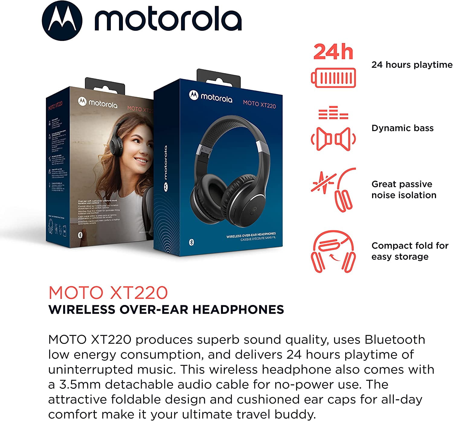Motorola Bluetooth Wireless Headphones with Microphone, Moto XT220 Over-Ear Headphones in-Line Control for Calls - Foldable Head Phones, Adjustable Headband - Dynamic Bass, Clear Sound - Black