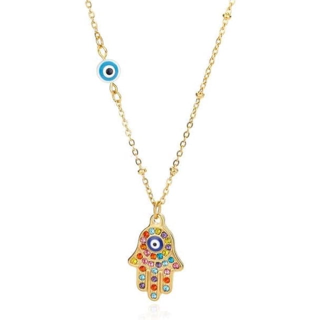 Collier Pendentif Oeil Porte-Bonheur pour Femmes, Collier Ras-du-Cou Main Fatima Oeil de Démon Turc en Zircon