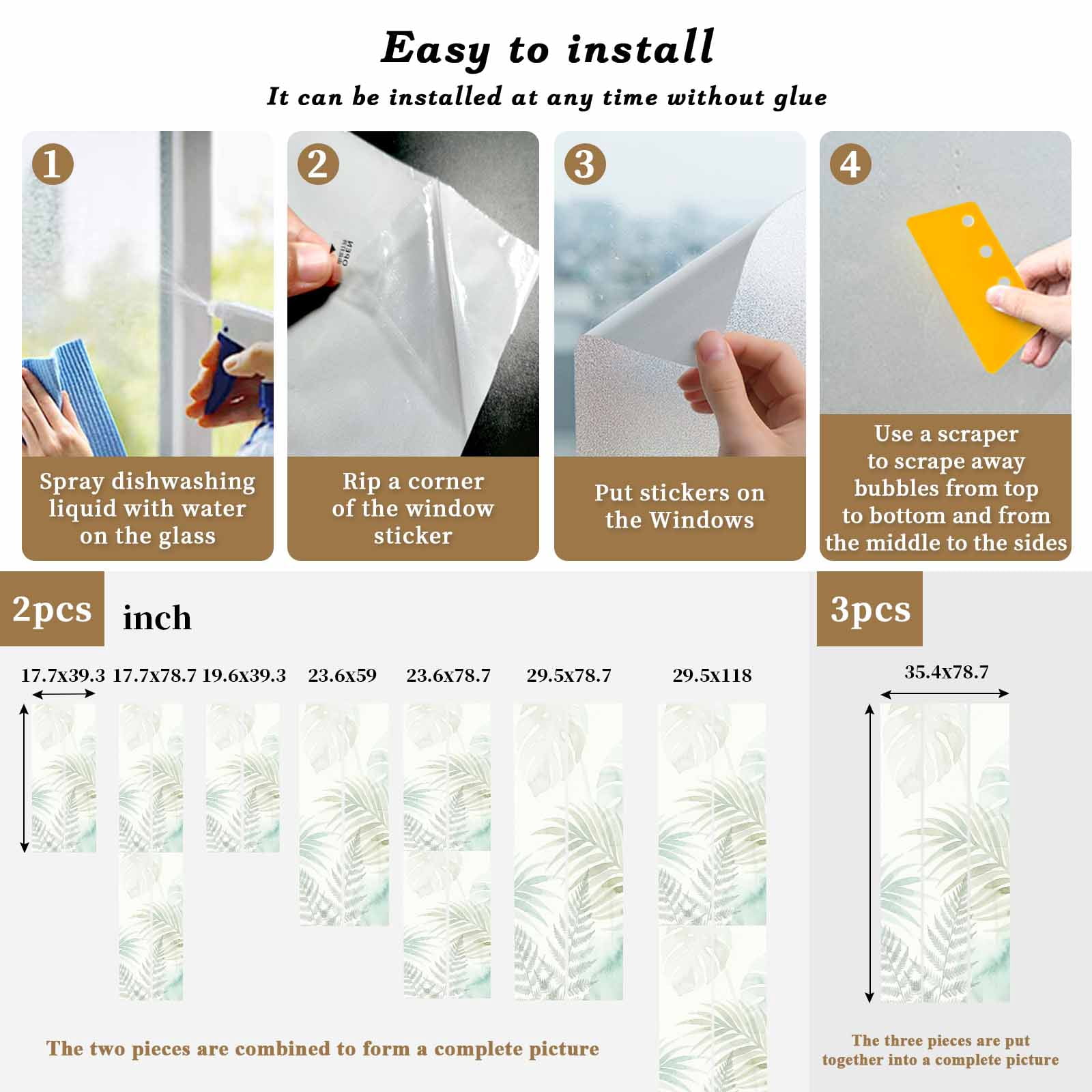 Summer Botanical Window Privacy Film, Green Tropical Palm Leaves Watercolor Static Cling UV Sun Blocking Heat Control Window Tint Day and Night, Non-Adhesive One Way Windows Privacy Cover 23.6''x59''