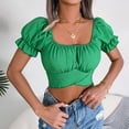 thumbnail image 2 of Blusa de gasa de tipo corto con cinturón y lazo en la espalda, camiseta de gasa plisada con manga abombada para citas para mujer, 2 of 6