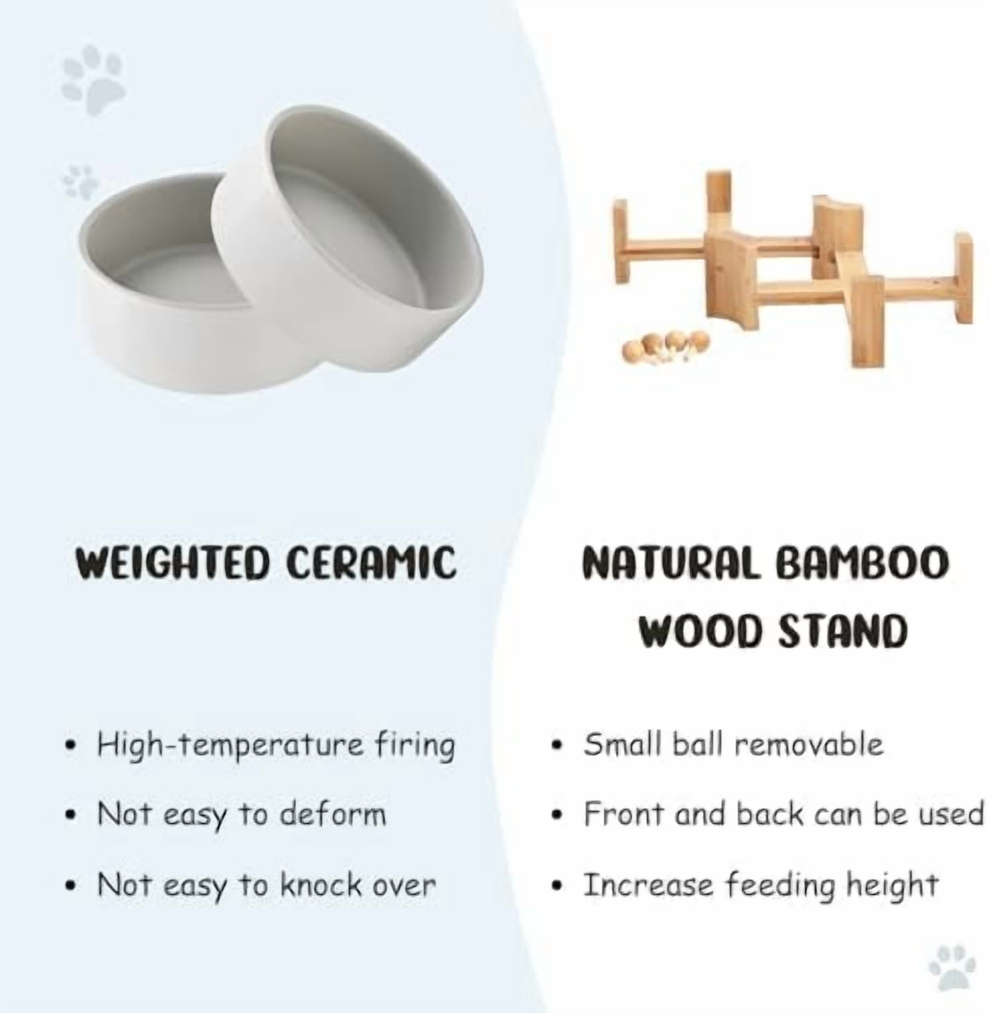 15° Slanted Ceramic Dog and Cat Bowl with Wooden Stand, Tilted Bulldog Food and Water Bowl No Slip Non-Spill for Cats Medium Dogs Big Face Pets 13.5 OZ (1.7 Cups, Grey × 2)