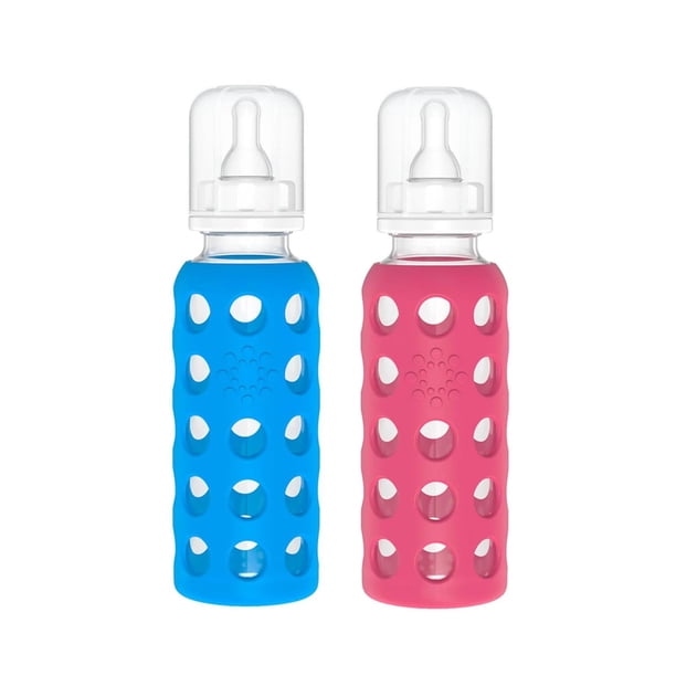 Biberones de Vidrio Lifefactory Azul y Frambuesa con Funda de Silicona 9 Onzas Set de 2