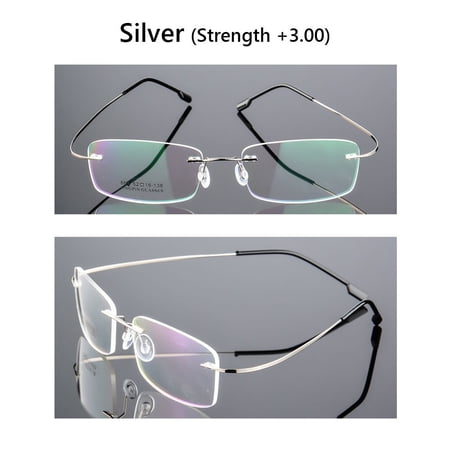 Men and Women Ultralight Vision Care Eyewear Memory Titanium Presbyopic Eyeglasses Reading Glasses Rimless SILVER STRENGTH 3.00