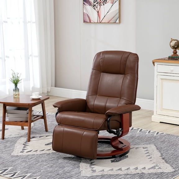 Faux Leather Manual Recliner with Footrest, Adjustable Swivel Lounge Chair for Small Living Room, Brown PU Leather Reclining Chair with Wrapped Wood Base