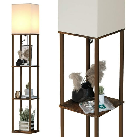 Floor Lamp with Shelves, Modern Square Standing Lamp with 3 Color Temperature Bulb, Corner Display Bookshelf Lamp for Living Room and Bedroom (Rustic Brown)