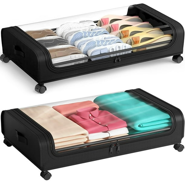 Cajas de Almacenamiento Bajo Cama con Ruedas y Tapa Transparente, 43,5x80x16 cm, Bolsas para Organizar Ropa de Dormitorio, Mantas, Zapatos, 2 Piezas