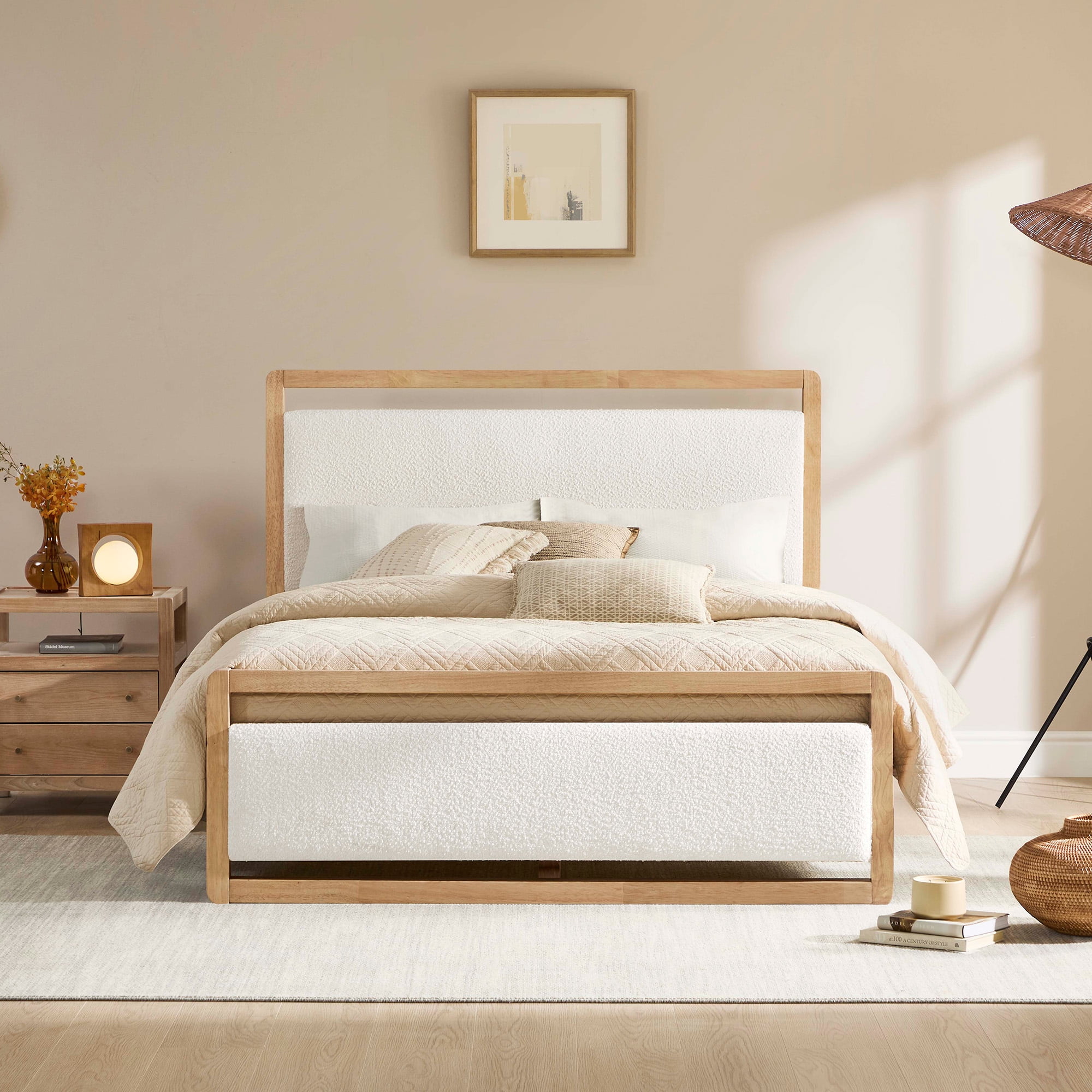 Spruce & Spring Modern Upholstered Platform Bed Frame with USB and Type-C Charging Beige, Queen