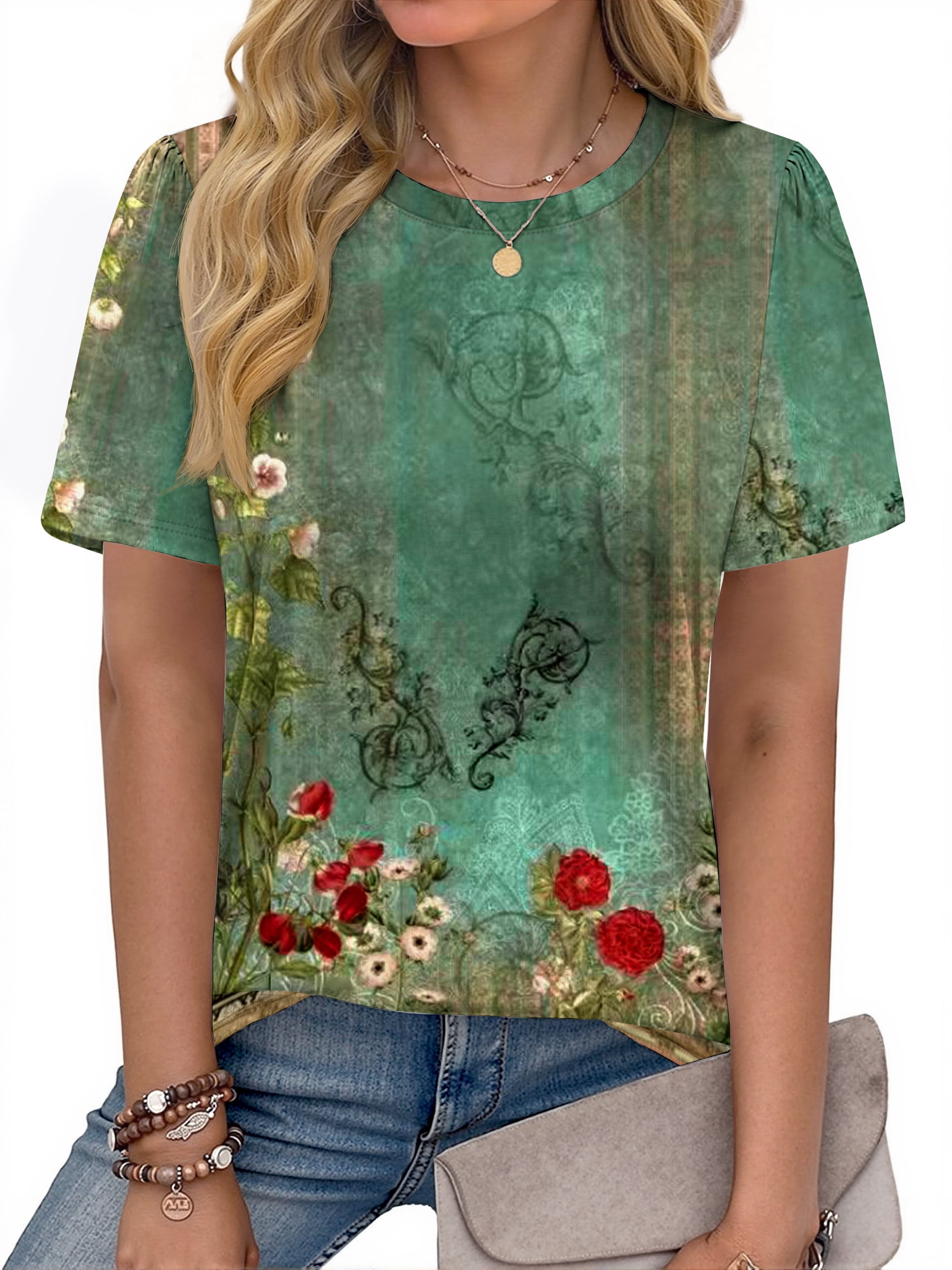 Fantaslook Womens Summer Tops Dressy Casual Short Sleeve Shirts Crew Neck Tunic Floral Blouses