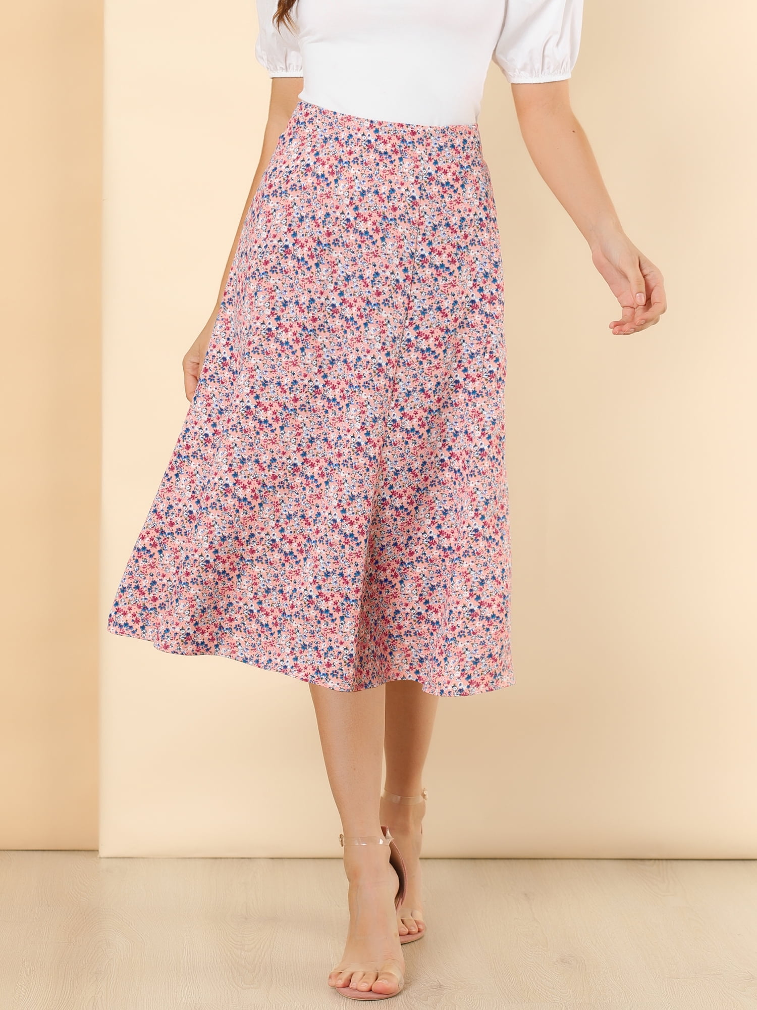 DARING DIVA Women's Elastic Waist A-Line Floral Print Midi Skirt S Pink
