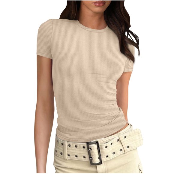 Atogsazn Women's Crew Neck T Shirts Short Sleeve Casual Cotton Tops Ribbed Knit Tees Summer Basic Solid Shirt Clothes Beige S Fashion