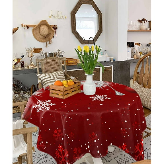Red Christmas Tablecloth Square Table Cloth 60x60 , Waterproof Tablecloth Outdoor Table Cloth, Xmas Balls Snowflake Silver Pine Needles Washable Table Cover for Kitchen Dining Party