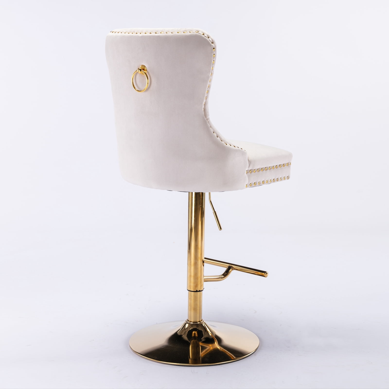 Yoneston Bar Stools Set of 2, Adjustable Height Bar Stools with Tufted Velvet Upholstery, Nailhead Trim & Gold Metal Base, Modern Counter Stools for Pub, Kitchen Island, Beige