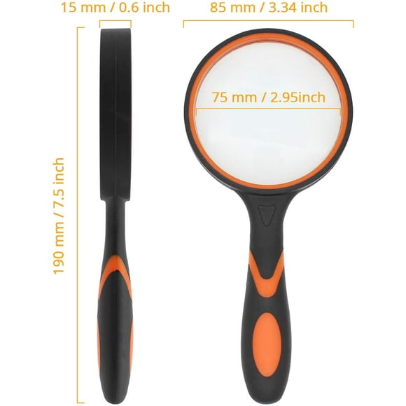Magnifying Glass, 8X Handheld Reading Magnifier for Kids and Seniors, Non-Scratch Quality Glass Lens, Shatterproof Design, Microfibre Cleaning Cloth Included (75mm, Orange)