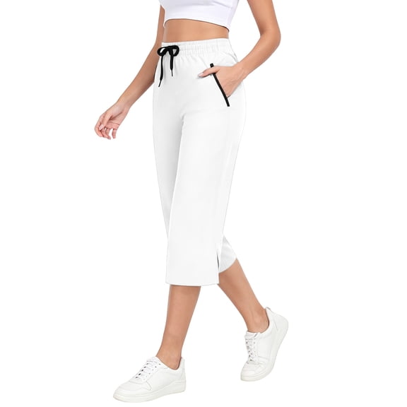 Guluxicc Womens Workout Capri Pants Drawstring Elastic Waist Athletic Pants with Side Pockets Solid Color Casual Outdoor Pants