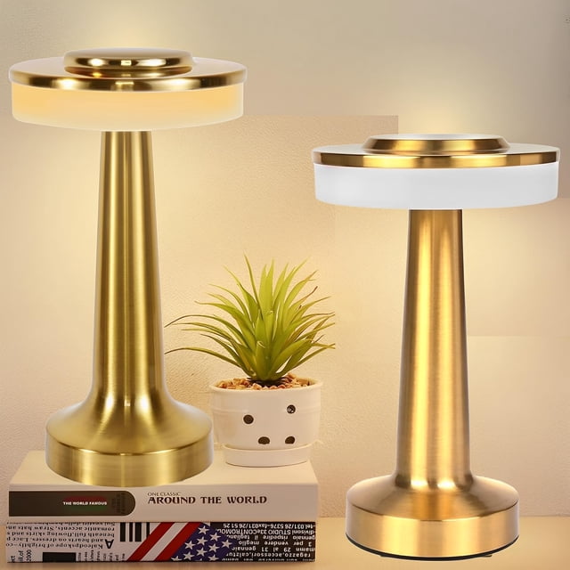 TPOUIDD Paquete de 2 Lámpara de Escritorio Inalámbrica Portátil,Lampara de Mesa Recargable con Sensor Táctil, Atenuación Continua de Tres Colores
