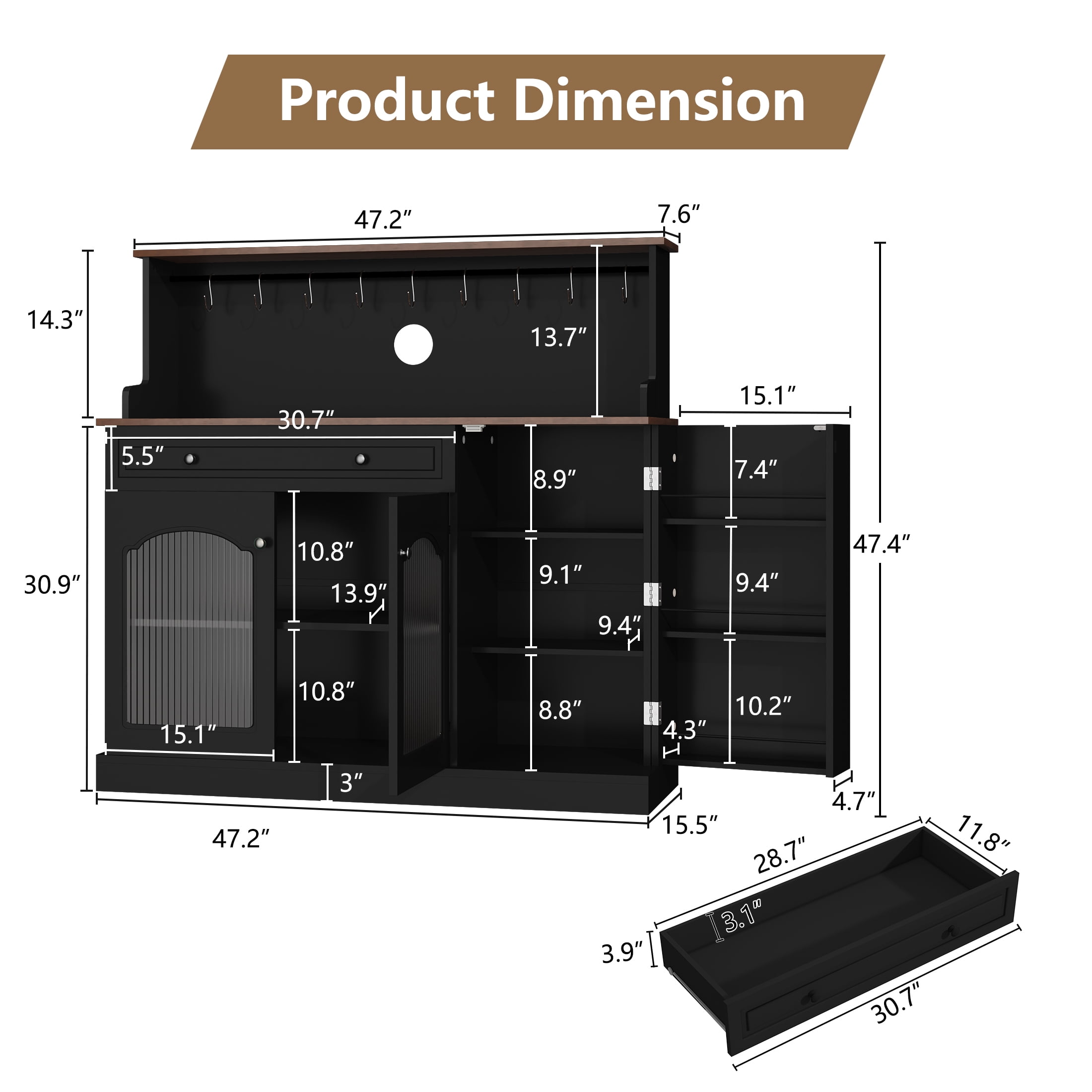 HLR 48" Modern Wood Kitchen Pantry Cabinet, Coffee Bar with Drawer & Microwave Stand, Dining Room, Black