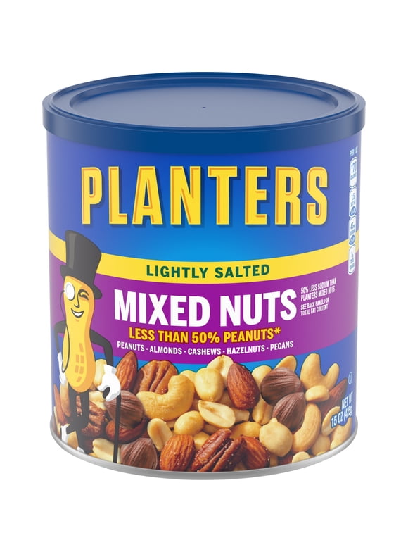 Planters Lightly Salted Mixed Nuts Less Than 50% Peanuts with Peanuts, Almonds, Cashews, Hazelnuts & Pecans, 15 oz Canister