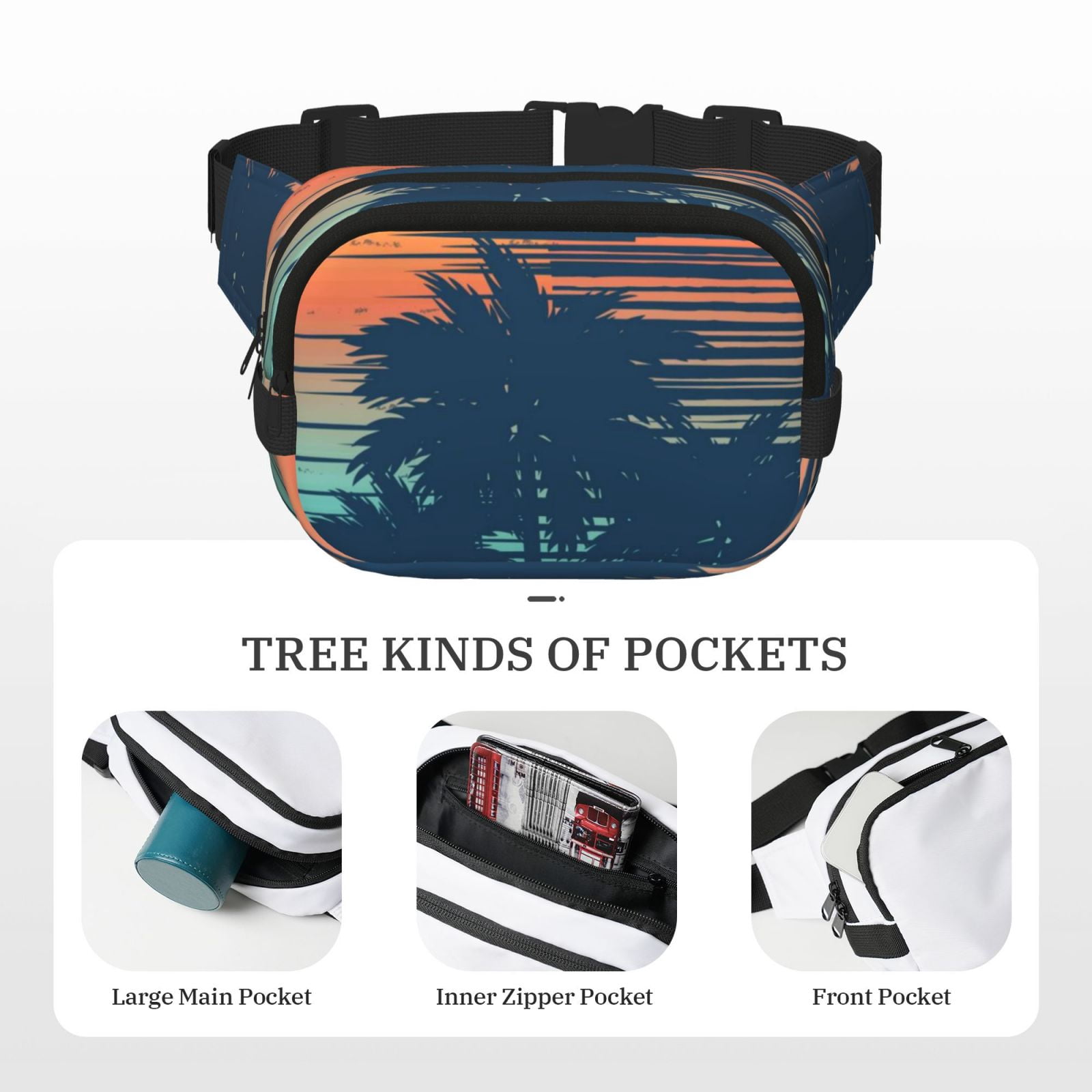 Fuzoiu Palm Trees Print Unisex Square Double Layer Waist Bag,Crossbody Fanny Pack Travel Workout Accessory