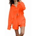 thumbnail image 3 of Women'S Cotton Cardigan Long Sleeve Top and Shorts Set Minimalist Solid Color Loungewear Outfit Orange S, 3 of 8