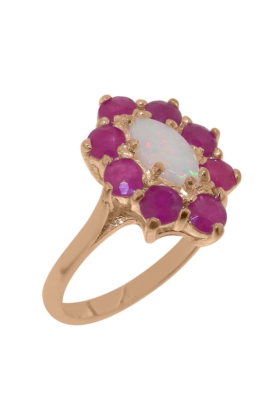 LBG British Made 18k Rose Gold Natural Opal & Ruby Womens Statement Ring - 33 size options - Size 6.5