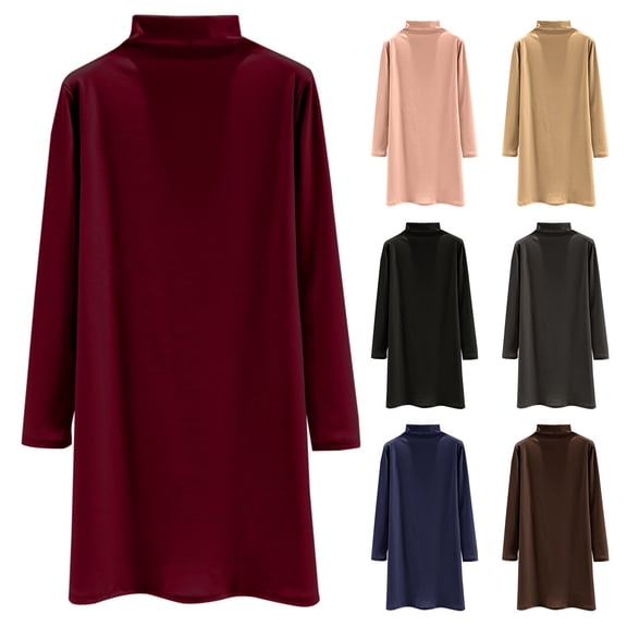 YHAJDS Women's Casual Dress,Fall Dresses for Women Long Sleeve Dress Solid Color Crew Neck Knee Length Comfortable Thermal Fleece Casual Dress with Sleeves