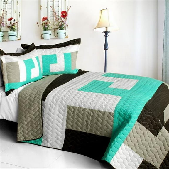 Tetris - B - Vermicelli-Quilted Patchwork Geometric Quilt Set  Full & Queen Size - Gray