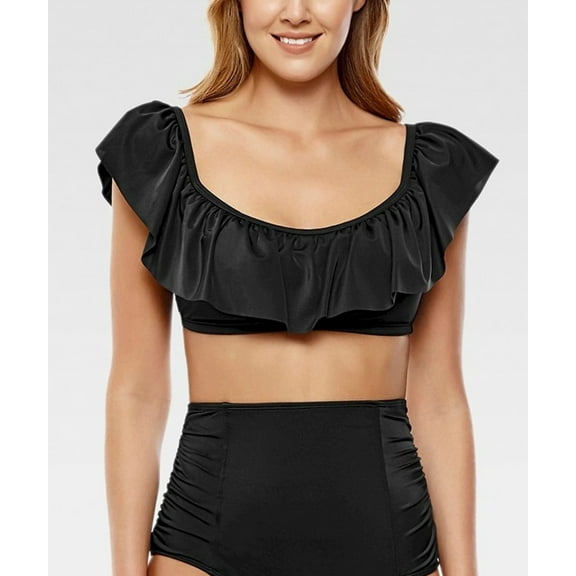 Beach Betty by Miracle Brands Black Off-the-Shoulder Ruffled Trim Bikini Swim Top, Women's Large