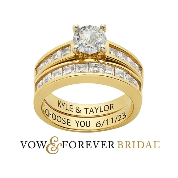 Vow & Forever Personalized Planet Bridal 14K Gold over Sterling Silver Brilliant White Topaz 2 Piece Engraved Wedding Set ,Women's