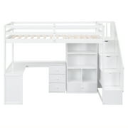 Pinovk Twin Size Loft Bed with L-Shaped Desk and Drawers, Cabinet and Storage Staircase, White