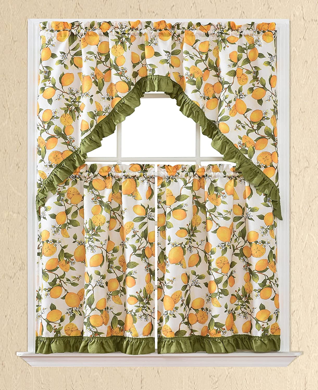 3 PC Kitchen Curtain Swag Set, Fruit Floral Rooster Printed Design Window Panels - Picture 31 of 62