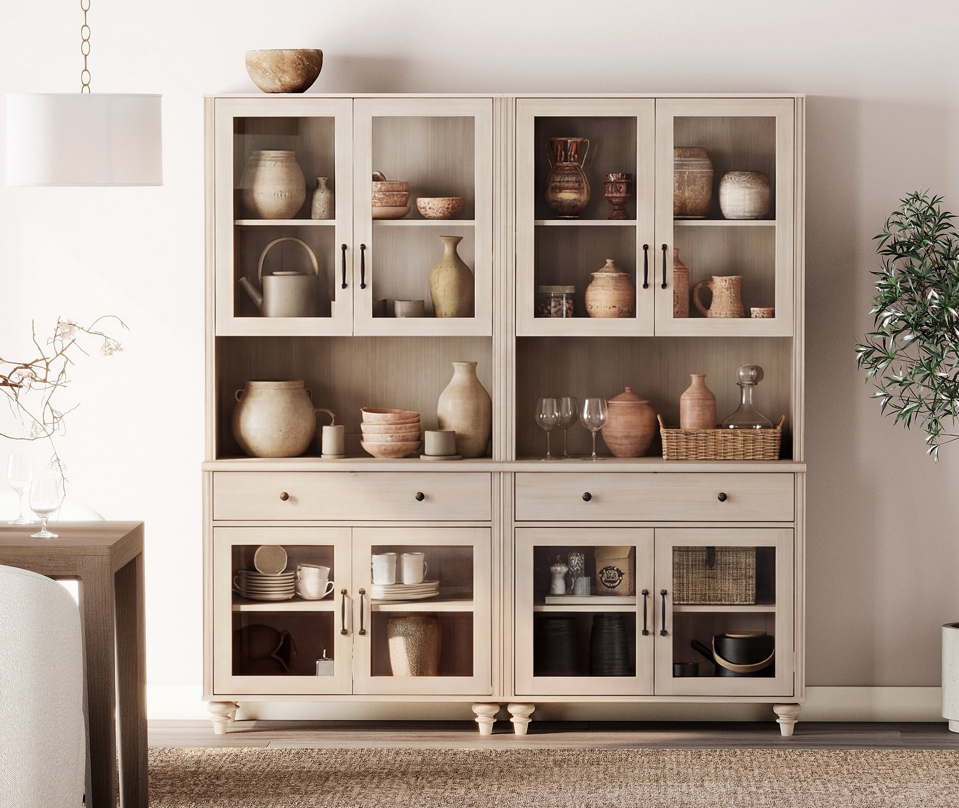 72.1"H × 67.7"W Bookcase with Glass Doors and Drawer, Large Farmhouse Bookcase with Bar Hutch, Suitable for Living Room, Bedroom, Home Office & Kitchen, Beige