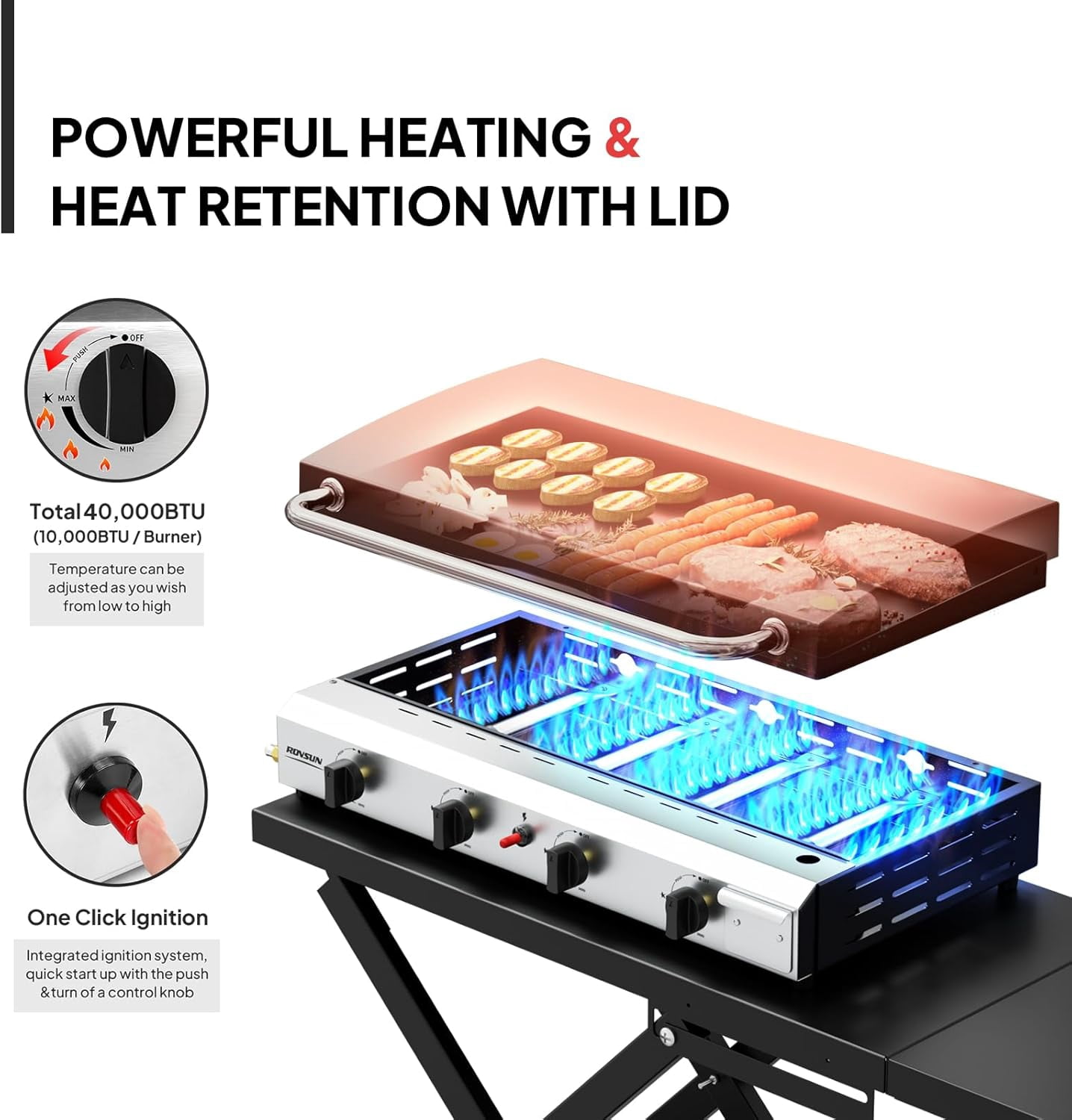 TUFFIOM 4 Burner Foldable Propane Griddle with Wheels, Enameled Tray & Lid, Portable Rolling Flat Top Gas Grill with Electronic Ignition & Regulator for Outdoor Cooking Camping BBQ Tailgating