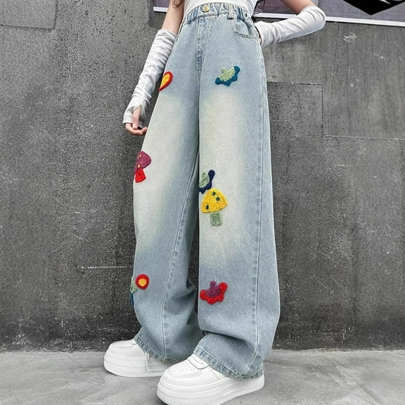 XIMIN Kid Girls Wide Leg Loose Fit Jeans Mushroom Embroidery Elastic High Waist Baggy Denim Pants Vintage Y2k Skater Streetwear Aesthetic Teen Clothes