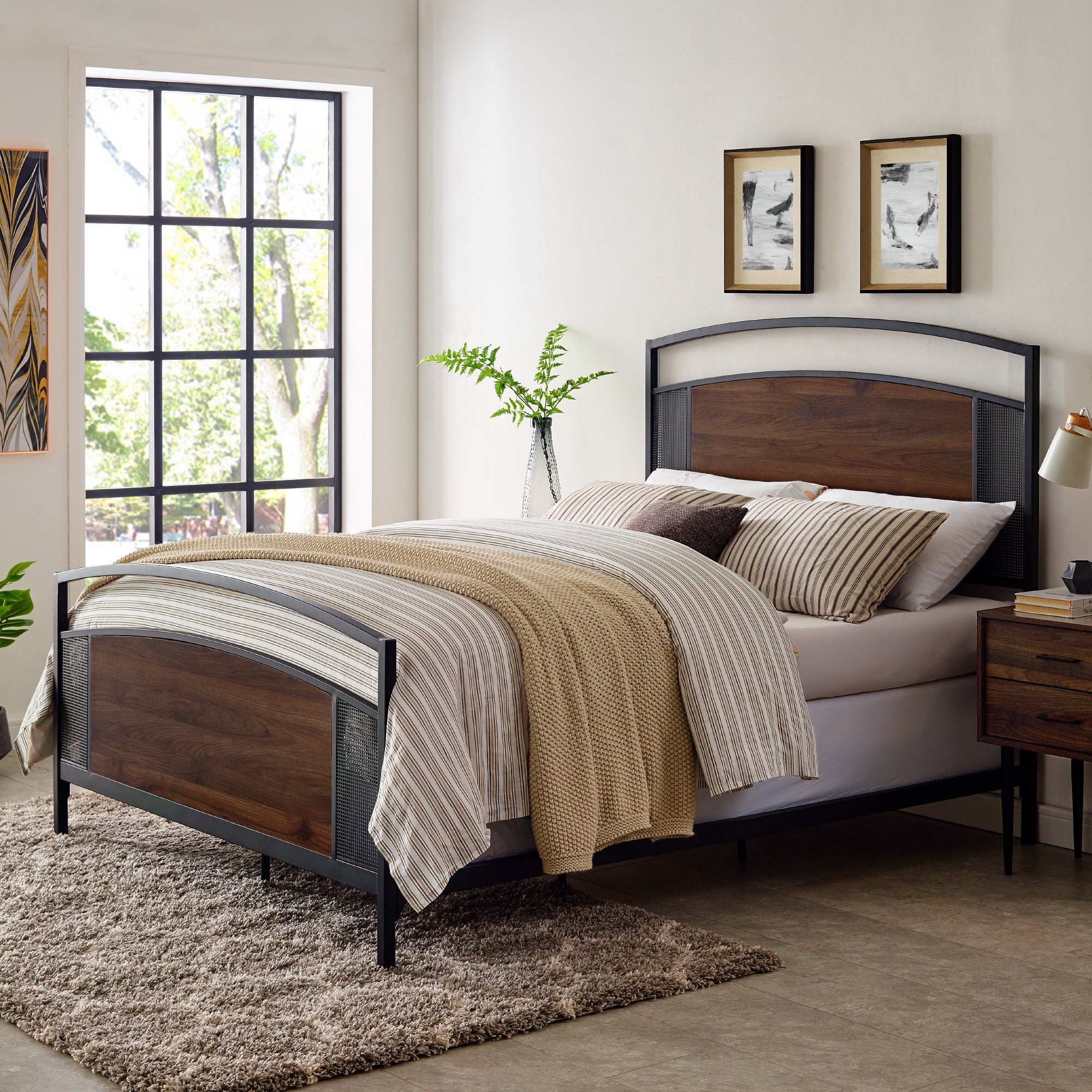 Manor Park Queen Industrial Mesh Bed Dark Walnut Panel