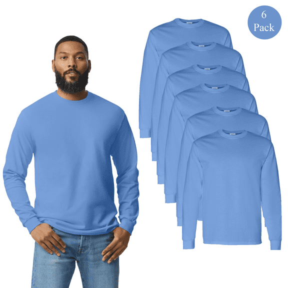Gildan Heavy Cotton Long Sleeve T-Shirt, Men's Crew Neck Casual Bulk Tee, Carolina Blue, S, 6 Pack