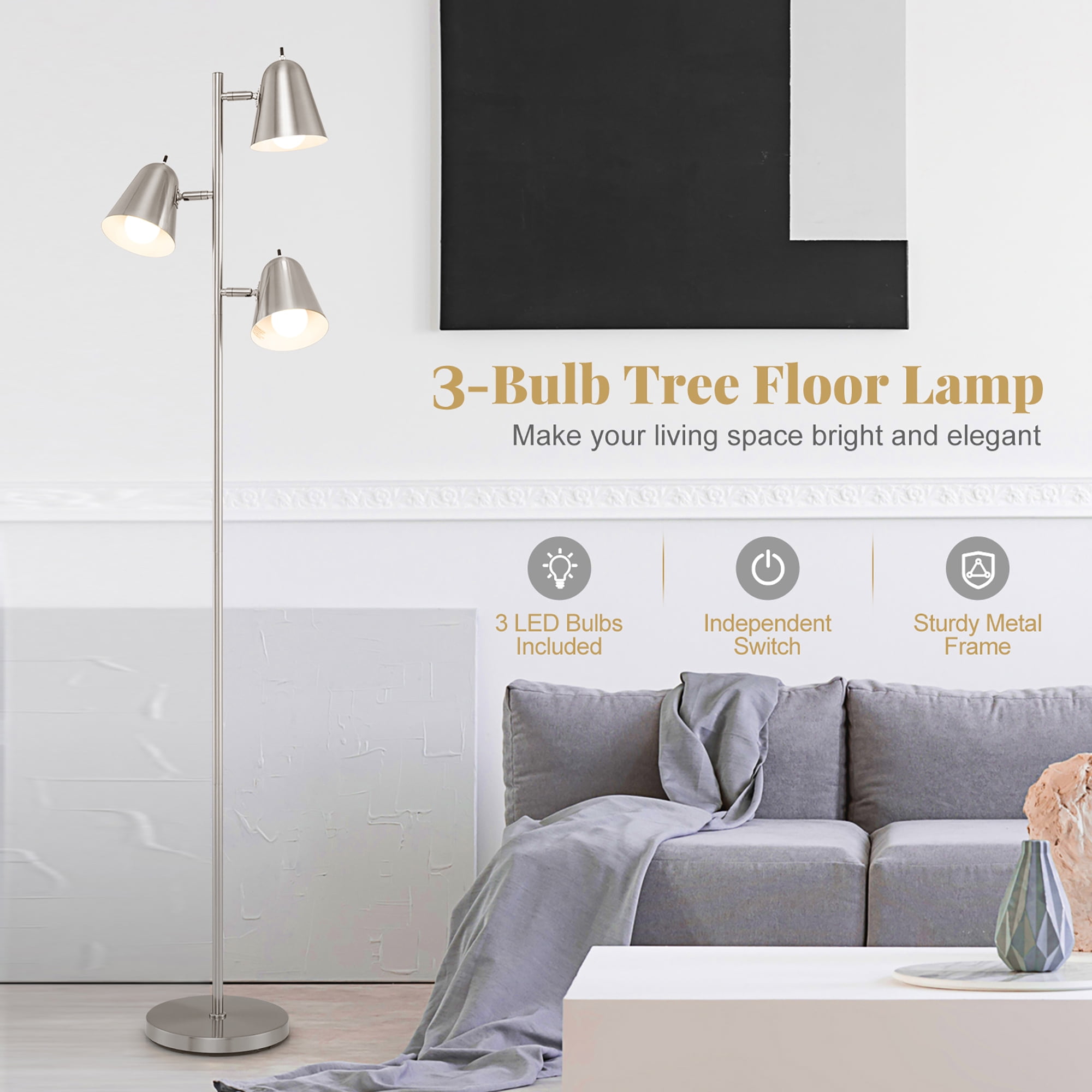 Gymax 3-Bulb Floor Lamp Standing Tall Tree Lamp w/ 3 E26 A19 Bulbs Silver