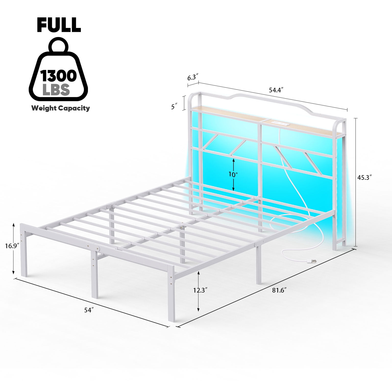 NISIEN Full Size LED Bed Frame with Storage Headboard & Charging Station, Metal Platform Bed, White