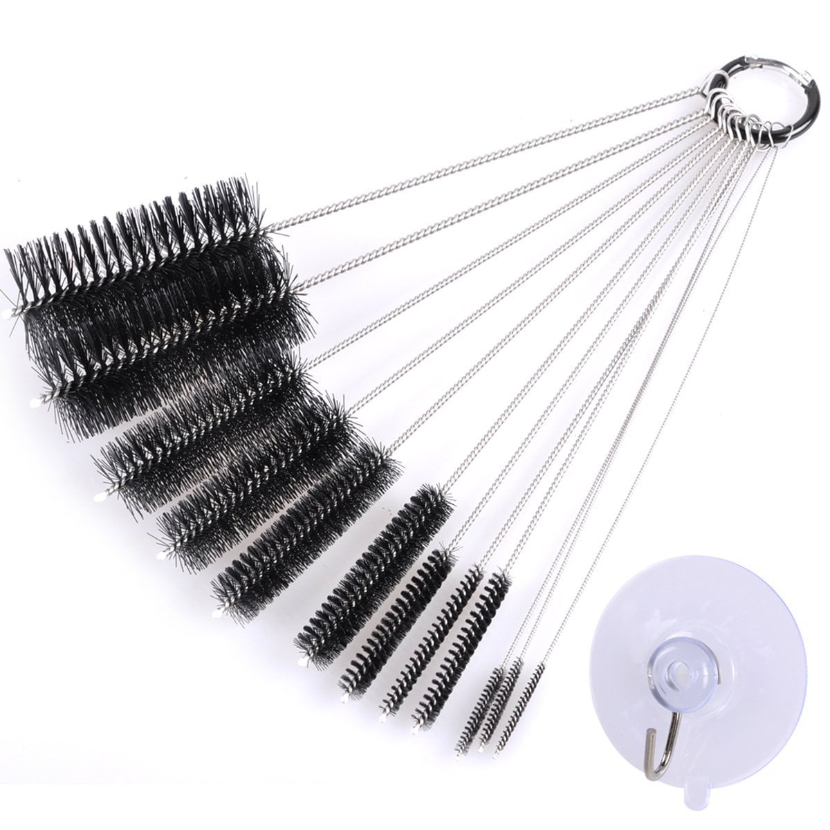 eZAKKA 9.8 Inch 12 Pieces Nylon Tube Brush Pipe Cleaning Brush with Protective Cap for Drinking Straws Glasses Keyboards Jewelry Cleaning with 45mm Transparent Suction Cup Hook Black 