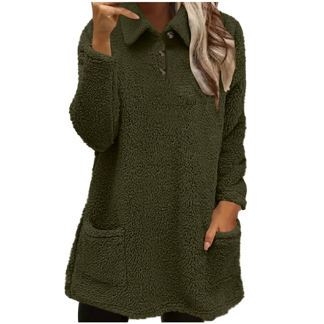 HAiming Womens Button up Fleece Tops Long Sleeve Fuzzy Lapel Collared Fashion Pullover Blouses with Pocket