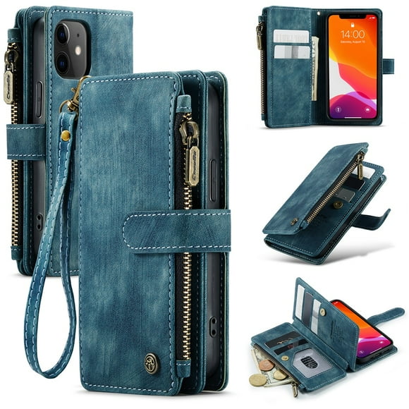 CaseMe Case for iPhone 12 Mini Wallet Case for Women Men, Fashion Durable PU Leather Magnetic Flip Lanyard Strap Wristlet Zipper Card Holder Wallet Phone Case for iPhone 12 Mini 5.4-inch,Blue