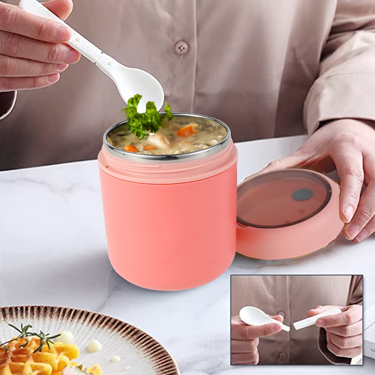 Nyidpsz Lunch Container Hot Food Jar with Foldable Spoon Thermal Insulated Soup Container for Kids Adult, Men's, Size: 9, Pink