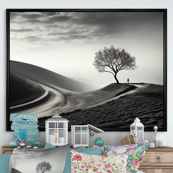 Designart "Solitude Tree In Black And White Photography" Tree Floater Framed Canvas Wall Art