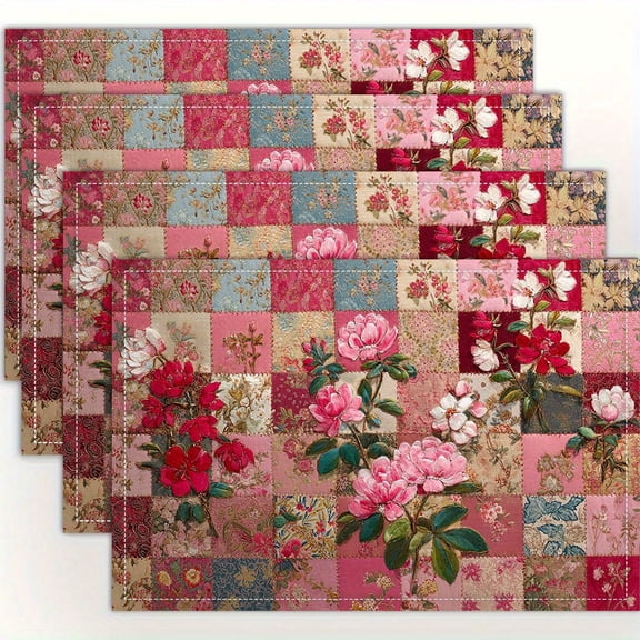 4pcs, PINK FLORAL PATCHWORK placemats, fashion print pattern table mat, for dining table, kitchen, party, indoor, holiday, dinner parties and home decor (table mats) 12x18 Inch