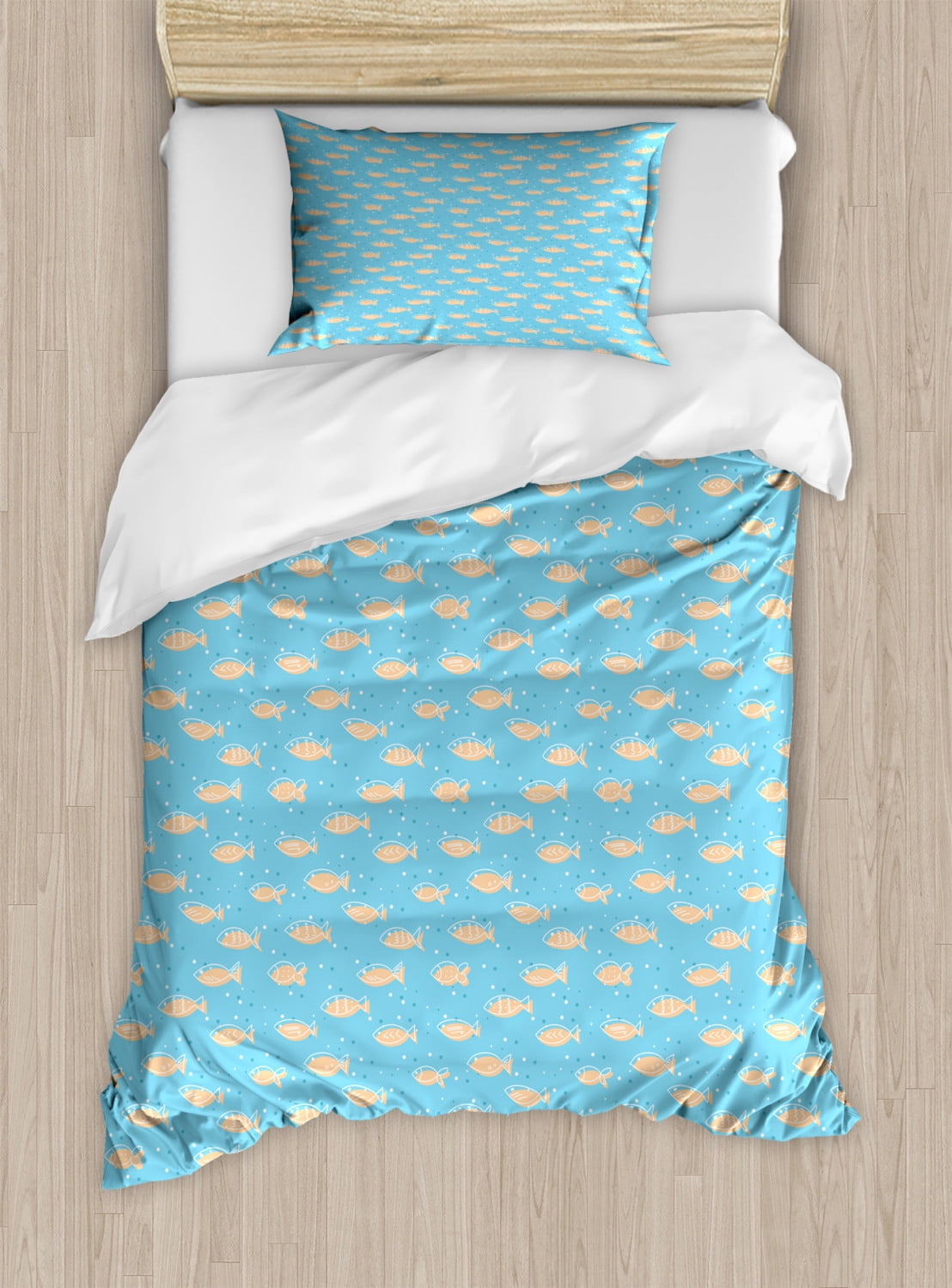 Fish Bedspread Fish Twin Size Duvet Cover Set, A Flock of Swimming Fish Hand Drawn ...
