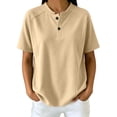 thumbnail image 2 of Kinrui Short Sleeve Sweatshirts for Women Casual Crew Neck Button Pullover Tops Lightweight Solid Color Sweater Shirts Khaki S, 2 of 6