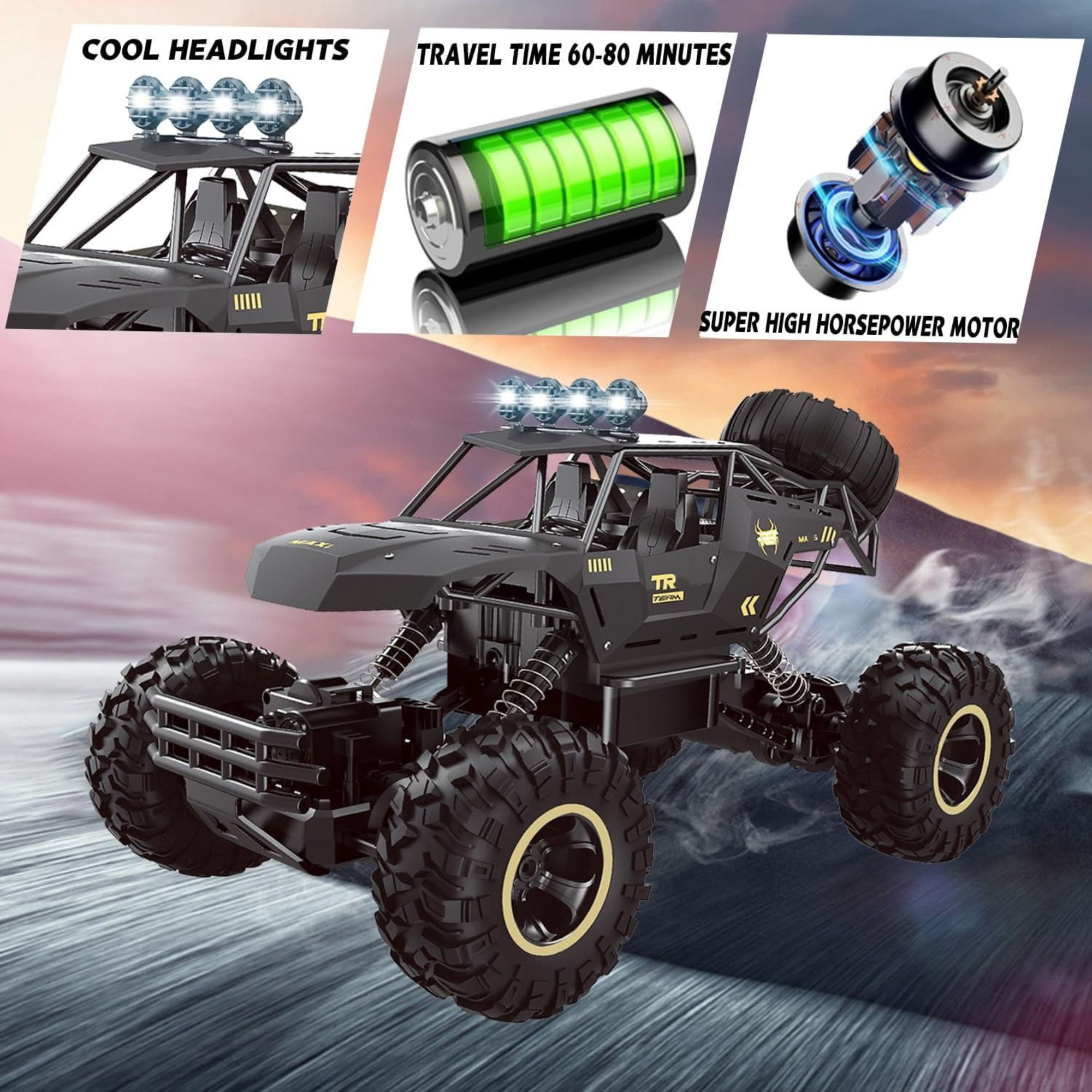RC Rock Crawler Monster Truck 1:12 Scale 4WD Remote Control Car with 2 Batteries