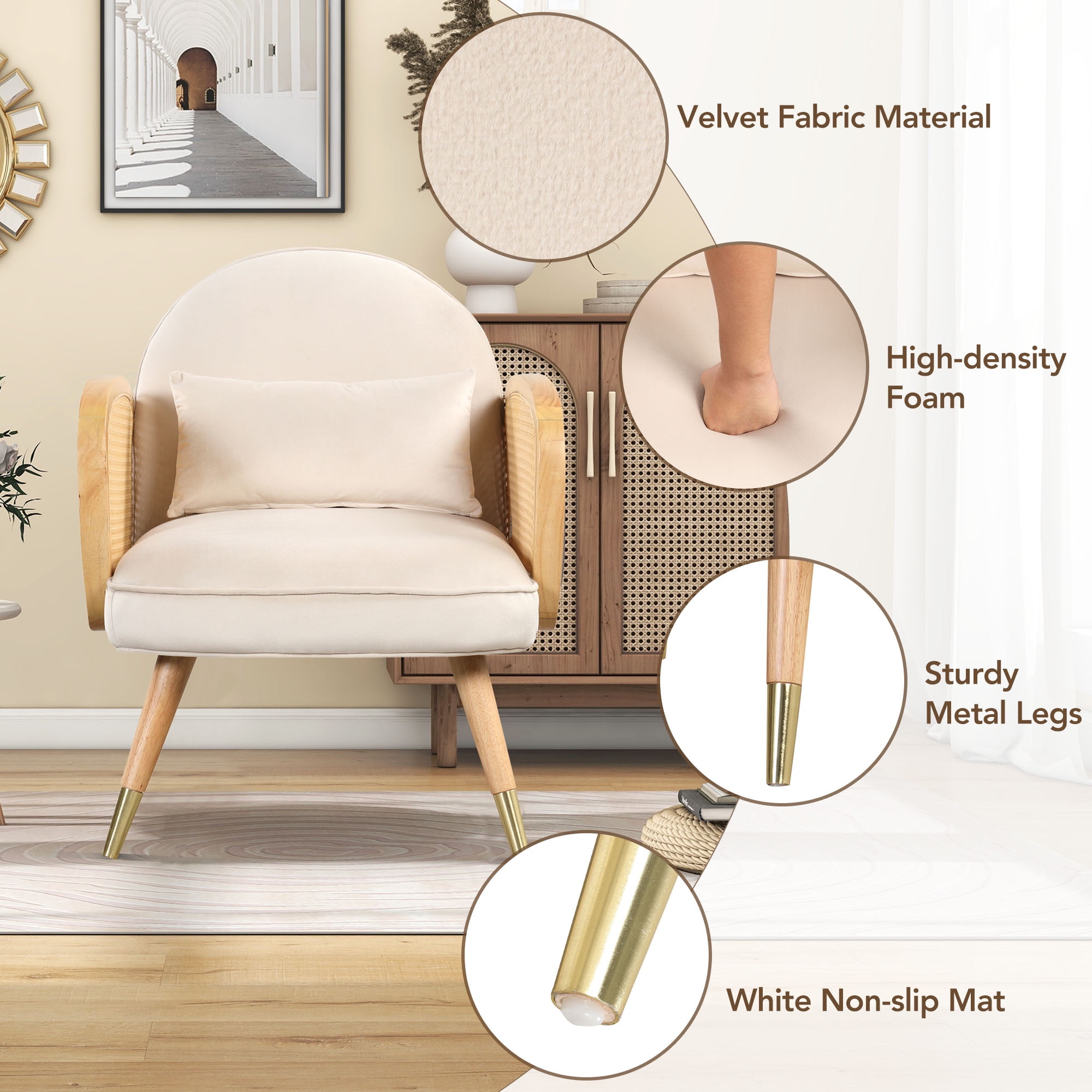 DEALTOPS Armchair with Rattan Armrest and Metal Legs, Mid Century Modern Accent Chairs, White