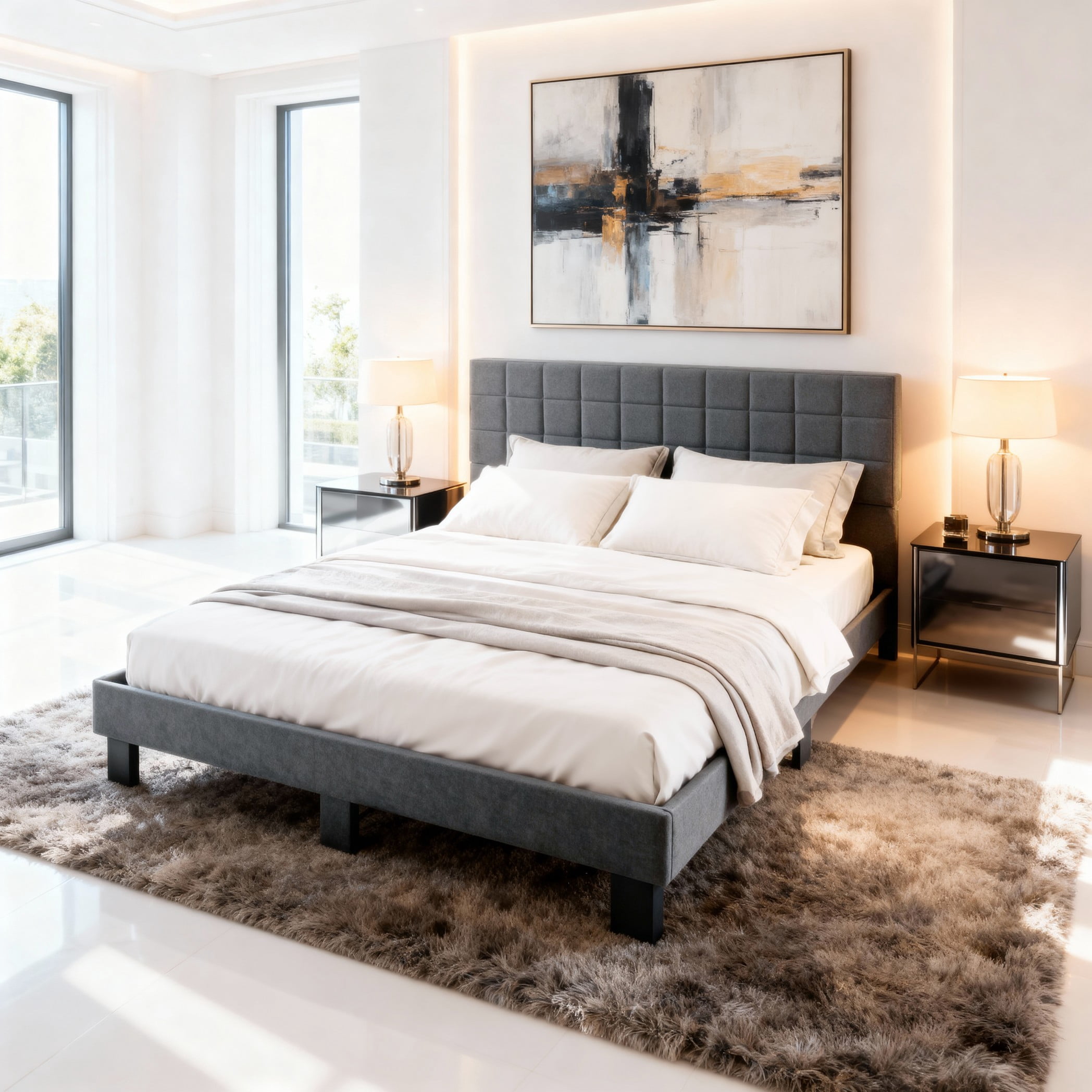 BSHTI King Size Platform Bed Frame with Square Tufted Upholstered Headboard – Solid Wood Frame, 10 Wood Slats, Center Support Leg, Under-Bed Clearance, No Box Spring Needed,Dark Grey